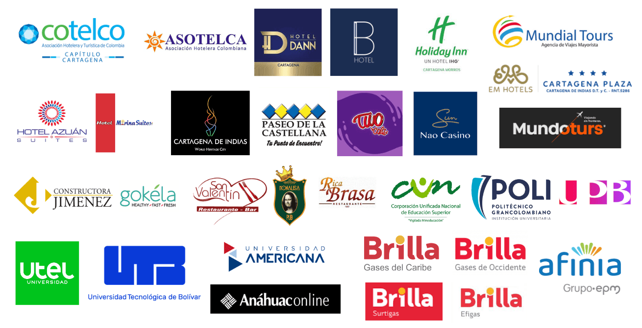 Logos de marcas cliente: Cotelco, Asotelca, Hotel Dann, Holiday Inn, Mundo Turs, Cartagena de Indias, Brilla, Universidad de Cartagena, POLI, Utel, Anáhuac Online, entre otras, en los sectores de turismo, educación, restauración, energía y retail.